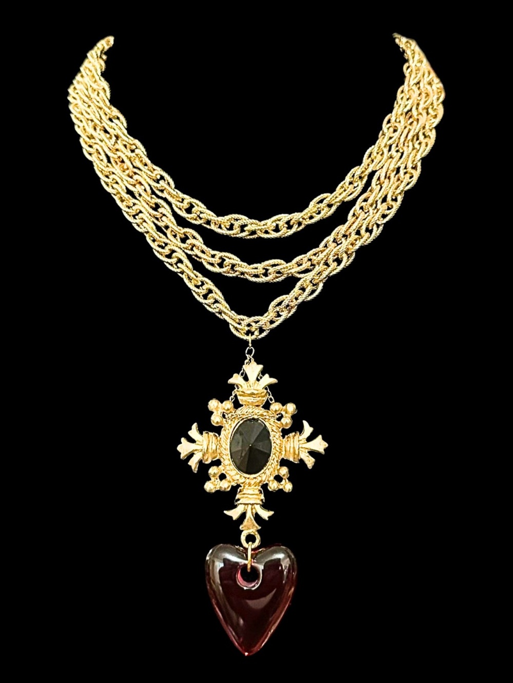 Gold-Tone Chain Necklace with Black Gem Cross and Burgundy Heart Pendant